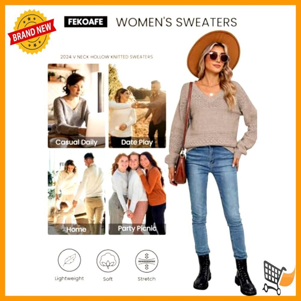 V Neck Crochet Pullover Sweater Lightweight Hollow Knit Casual Loose Fit - Picture 6 of 7